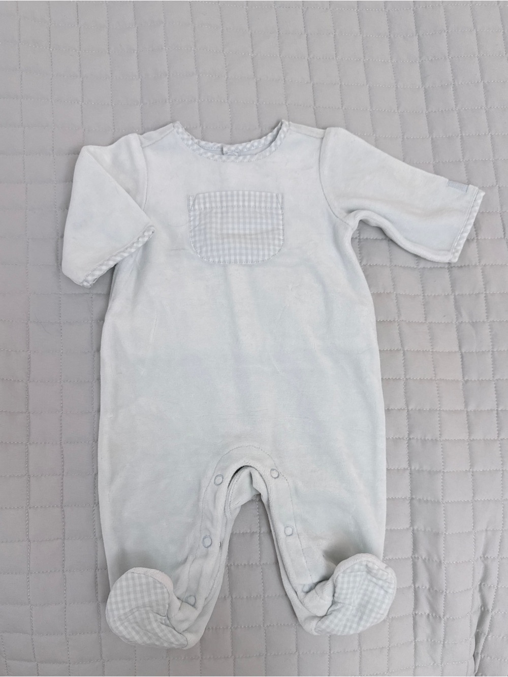 Janie and Jack Pale Blue Footed One-Piece with Gingham Packet & bib